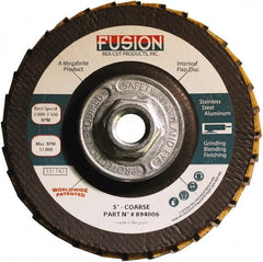 Rex Cut Product - 60 Grit, 5" Disc Diam, 5/8-11 Center Hole, Type 29 Aluminum Oxide Flap Disc - 12,200 Max RPM, Fiberglass Backing, Arbor Attaching System, Coated & Non-Woven Combo - Exact Tooling