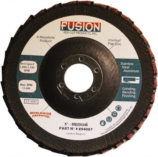 Rex Cut Product - 80 Grit, 5" Disc Diam, 7/8" Center Hole, Type 29 Aluminum Oxide Flap Disc - 12,200 Max RPM, Fiberglass Backing, Arbor Attaching System, Coated & Non-Woven Combo - Exact Tooling