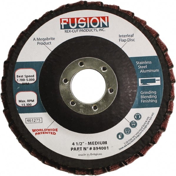 Rex Cut Product - 80 Grit, 4-1/2" Disc Diam, 7/8" Center Hole, Type 29 Aluminum Oxide Flap Disc - 13,300 Max RPM, Fiberglass Backing, Arbor Attaching System, Coated & Non-Woven Combo - Exact Tooling