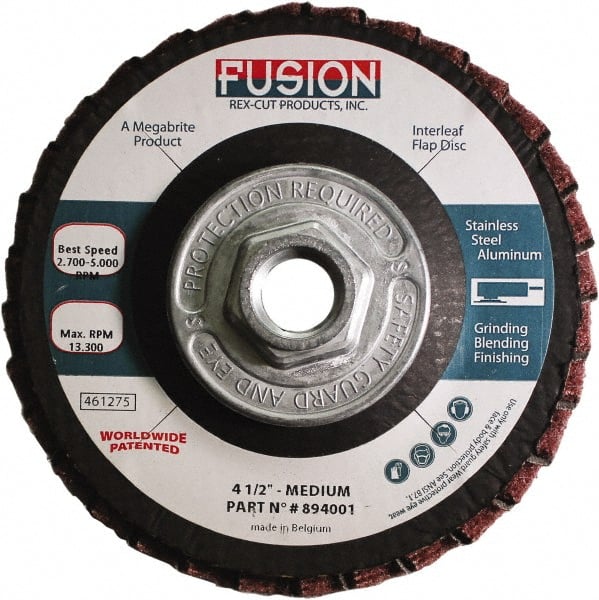 Rex Cut Product - 80 Grit, 4-1/2" Disc Diam, 5/8-11 Center Hole, Type 29 Aluminum Oxide Flap Disc - 13,300 Max RPM, Fiberglass Backing, Arbor Attaching System, Coated & Non-Woven Combo - Exact Tooling
