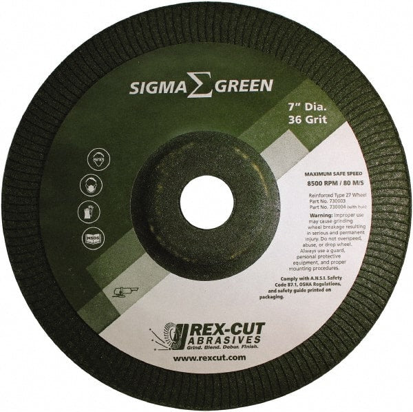 Rex Cut Product - 36 Grit, 7" Wheel Diam, 7/8" Arbor Hole, Type 27 Depressed Center Wheel - Zirconia Alumina/Aluminum Oxide Blend - Exact Tooling