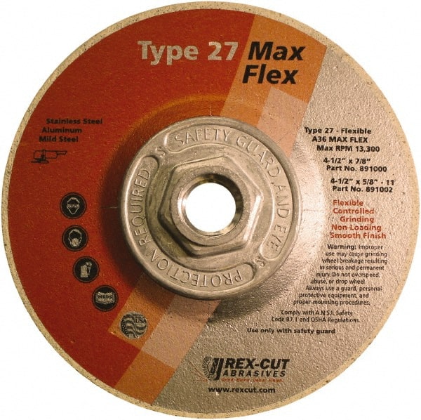 Rex Cut Product - 36 Grit, 4-1/2" Wheel Diam, 5/32" Wheel Thickness, Type 27 Depressed Center Wheel - Aluminum Oxide, 13,300 Max RPM - Exact Tooling