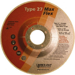 Rex Cut Product - 36 Grit, 4-1/2" Wheel Diam, 3/16" Wheel Thickness, 7/8" Arbor Hole, Type 27 Depressed Center Wheel - Aluminum Oxide, 13,300 Max RPM - Exact Tooling