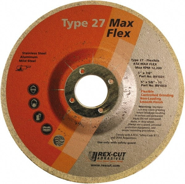 Rex Cut Product - 54 Grit, 5" Wheel Diam, 5/32" Wheel Thickness, 7/8" Arbor Hole, Type 27 Depressed Center Wheel - Aluminum Oxide, 12,200 Max RPM - Exact Tooling