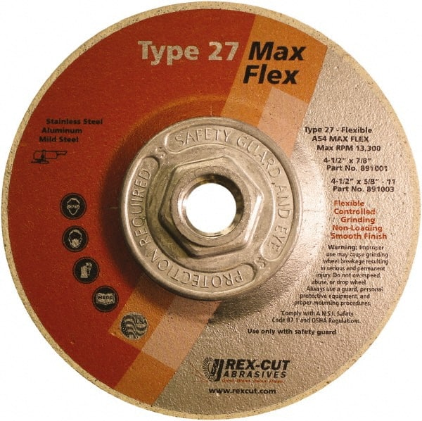 Rex Cut Product - 54 Grit, 4-1/2" Wheel Diam, 5/32" Wheel Thickness, Type 27 Depressed Center Wheel - Aluminum Oxide, 13,300 Max RPM - Exact Tooling