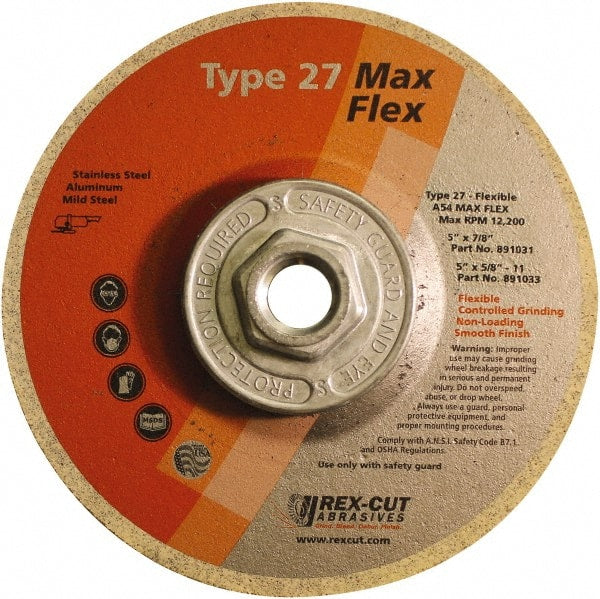 Rex Cut Product - 54 Grit, 5" Wheel Diam, 5/32" Wheel Thickness, Type 27 Depressed Center Wheel - Aluminum Oxide, 12,200 Max RPM - Exact Tooling