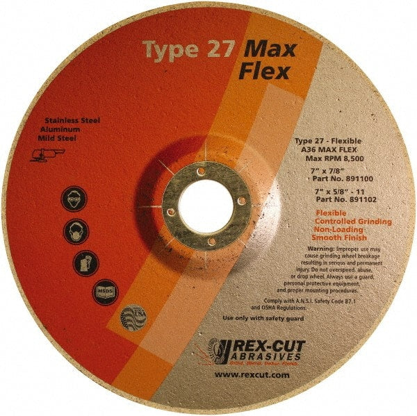 Rex Cut Product - 36 Grit, 7" Wheel Diam, 5/32" Wheel Thickness, 7/8" Arbor Hole, Type 27 Depressed Center Wheel - Aluminum Oxide, 8,500 Max RPM - Exact Tooling