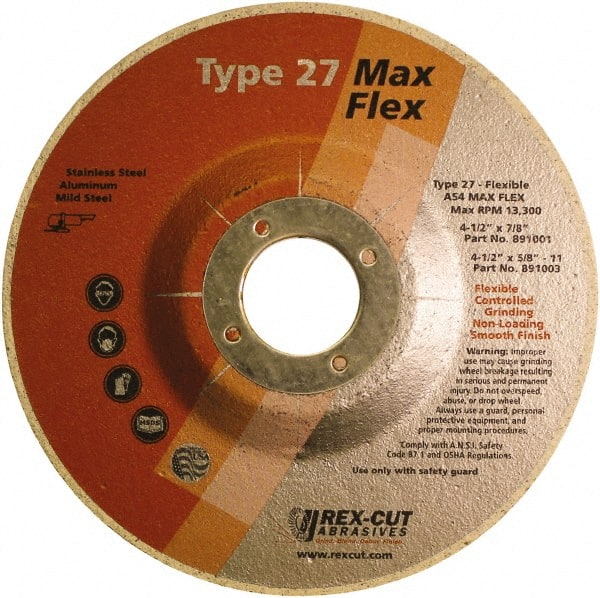 Rex Cut Product - 54 Grit, 4-1/2" Wheel Diam, 5/32" Wheel Thickness, 7/8" Arbor Hole, Type 27 Depressed Center Wheel - Aluminum Oxide, 13,300 Max RPM - Exact Tooling
