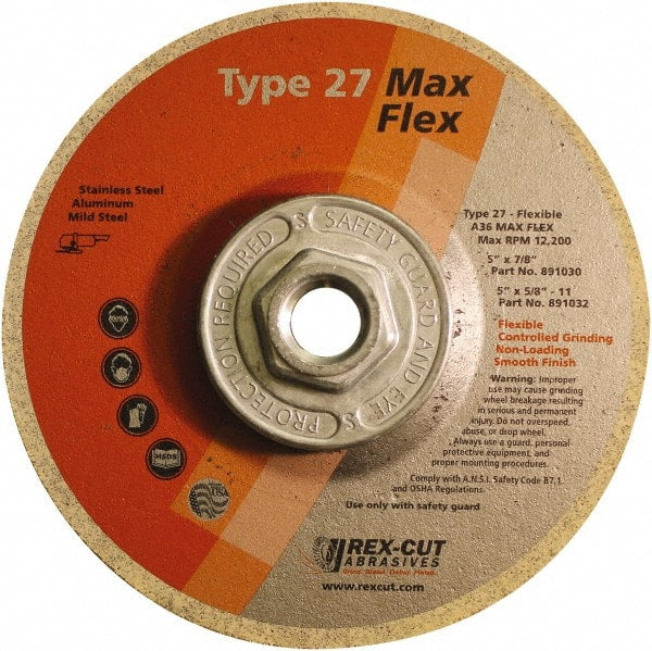 Rex Cut Product - 36 Grit, 5" Wheel Diam, 5/32" Wheel Thickness, Type 27 Depressed Center Wheel - Aluminum Oxide, 12,200 Max RPM - Exact Tooling
