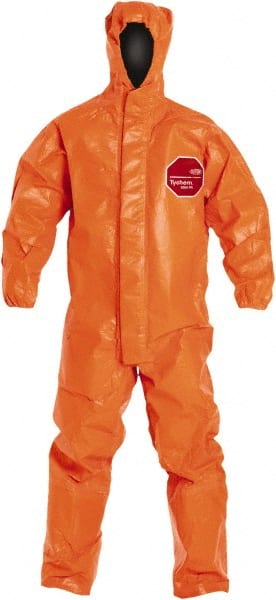 Dupont - Size 5XL Film Laminate Chemical Resistant Flame Resistant/Retardant Coveralls - Orange, Hook & Loop, Storm Flap & Zipper Closure, Elastic Cuffs, Elastic Ankles - Exact Tooling