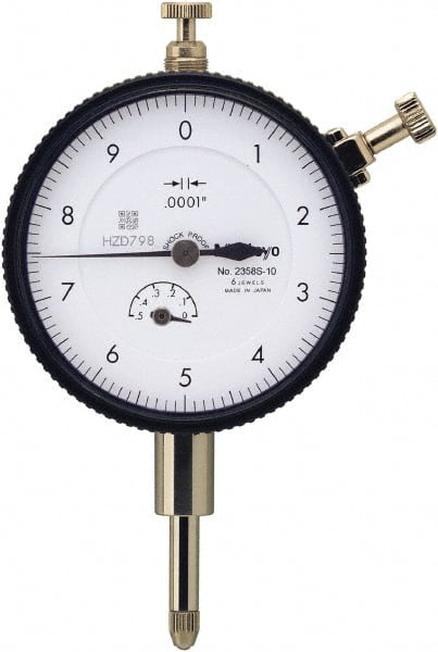 Mitutoyo - 0.5" Range, 0-10 Dial Reading, 0.0001" Graduation Dial Drop Indicator - 57mm Dial, 0.01" Range per Revolution, 0.0008" Accuracy, Includes NIST Traceability Certification - Exact Tooling