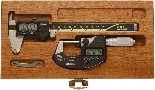 Mitutoyo - 4 Piece, Caliberated Machinist Caliper and Micrometer Tool Kit - 0 to 6 Inch Caliper, 0.0005 Inch Caliper Resoluion, 0 to 1 Inch Micrometer, 0.0001 Inch Graduation, 0.0005 Inch Resoluion - Exact Tooling