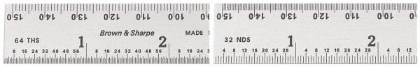TESA Brown & Sharpe - 12" Long, 1/64, 1/32" and 0.5, 1mm Graduation, Rigid Steel Rule - English/Metric Graduation Style, 1" Wide, Silver, Satin Chrome Finish - Exact Tooling