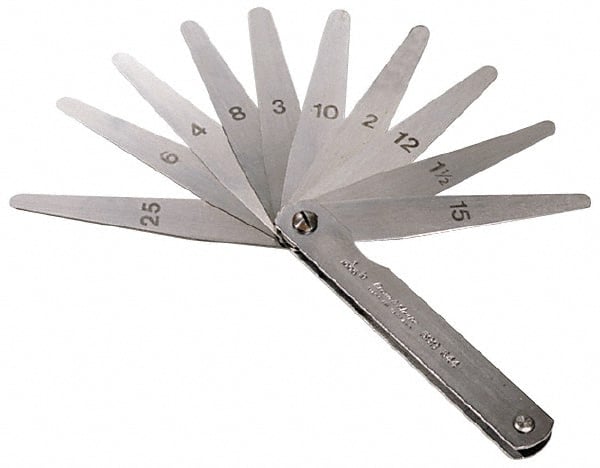 TESA Brown & Sharpe - 26 Piece, 0.0015 to 0.025" Thick, Tapered Feeler Gage Set - 3" Leaf Length, 1/2" Wide, Steel - Exact Tooling