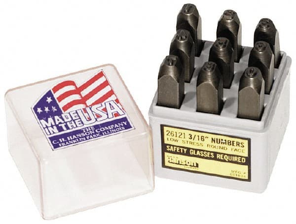 C.H. Hanson - 9 Piece, 3/16" Character Steel Stamp Set - Figures, Low Stress Round Face Full - Exact Tooling