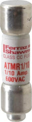 Ferraz Shawmut - 600 VAC/VDC, 0.1 Amp, Fast-Acting General Purpose Fuse - Clip Mount, 1-1/2" OAL, 100 at DC, 200 at AC kA Rating, 13/32" Diam - Exact Tooling