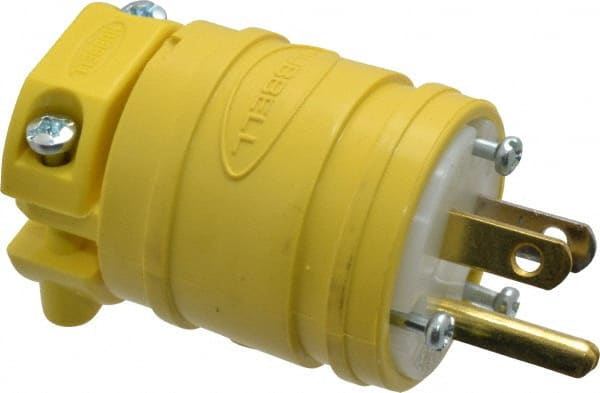 Hubbell Wiring Device-Kellems - 125 VAC, 15 Amp, 5-15P NEMA, Straight, Self Grounding, Commercial Grade Plug - 2 Pole, 3 Wire, 1 Phase, 1/2 hp, Thermoplastic, Yellow - Exact Tooling