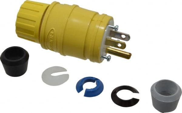 Hubbell Wiring Device-Kellems - 125 VAC, 15 Amp, 5-15P NEMA, Straight, Self Grounding, Commercial Grade Plug - 2 Pole, 3 Wire, 1 Phase, 1/2 hp, Thermoplastic, Yellow - Exact Tooling