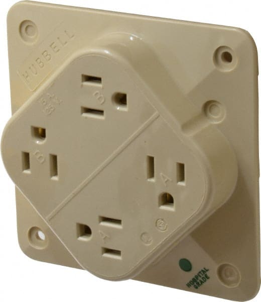 Hubbell Wiring Device-Kellems - 125 VAC, 15 Amp, 5-15R NEMA Configuration, Ivory, Hospital Grade, Self Grounding Fourplex Receptacle - 1 Phase, 2 Poles, 3 Wire, Flush Mount, Impact Resistant - Exact Tooling
