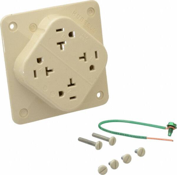 Hubbell Wiring Device-Kellems - 125 VAC, 20 Amp, 5-20R NEMA Configuration, Ivory, Specification Grade, Self Grounding Fourplex Receptacle - 1 Phase, 2 Poles, 3 Wire, Flush Mount, Impact Resistant - Exact Tooling
