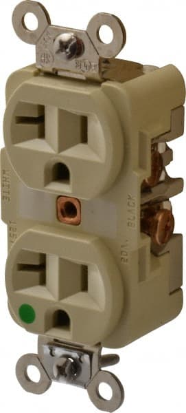 Hubbell Wiring Device-Kellems - 125 VAC, 20 Amp, 5-20R NEMA Configuration, Ivory, Hospital Grade, Self Grounding Duplex Receptacle - 1 Phase, 2 Poles, 3 Wire, Flush Mount, Chemical, Corrosion and Impact Resistant - Exact Tooling
