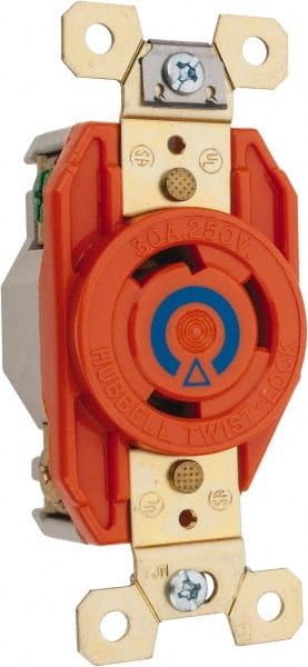 Hubbell Wiring Device-Kellems - 250 VAC, 30 Amp, 6-30R NEMA Configuration, Orange, Industrial Grade, Isolated Ground Single Receptacle - 1 Phase, 2 Poles, 3 Wire, Flush Mount - Exact Tooling