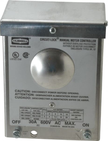 Hubbell Wiring Device-Kellems - 2 Poles, 30 Amp, 3R NEMA, Enclosed Pushbutton Manual Motor Starter - 111.8mm Wide x 83.3mm Deep x 140.2mm High, 15 hp, CSA Certified, NEMA 3R & UL Listed - Exact Tooling