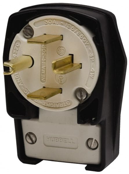 Hubbell Wiring Device-Kellems - 250 VAC, 30 Amp, 15-30P NEMA, Angled, Self Grounding, Commercial, Industrial Grade Plug - 3 Pole, 4 Wire, 3 Phase, 3 hp, Nylon, Black, White - Exact Tooling