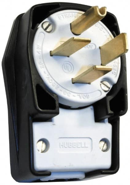Hubbell Wiring Device-Kellems - 250 VAC, 60 Amp, 15-60P NEMA, Angled, Self Grounding, Commercial, Industrial Grade Plug - 3 Pole, 4 Wire, 3 Phase, 10 hp, Nylon, Black, White - Exact Tooling