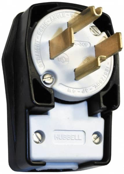Hubbell Wiring Device-Kellems - 125/250 VAC, 30 Amp, 14-30P NEMA, Angled, Self Grounding, Commercial, Industrial Grade Plug - 3 Pole, 4 Wire, 1 Phase, 2 hp, Nylon, Black, White - Exact Tooling
