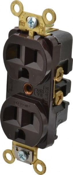 Hubbell Wiring Device-Kellems - 125 VAC, 15 Amp, 5-15R NEMA Configuration, Brown, Industrial Grade, Self Grounding Duplex Receptacle - 1 Phase, 2 Poles, 3 Wire, Flush Mount, Corrosion, Heat and Impact Resistant - Exact Tooling
