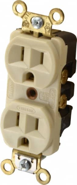 Hubbell Wiring Device-Kellems - 125 VAC, 15 Amp, 5-15R NEMA Configuration, Ivory, Industrial Grade, Self Grounding Duplex Receptacle - 1 Phase, 2 Poles, 3 Wire, Flush Mount, Corrosion, Heat and Impact Resistant - Exact Tooling