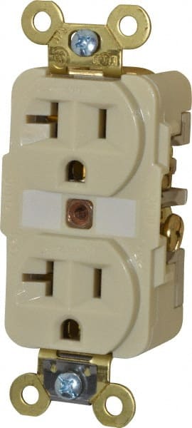 Hubbell Wiring Device-Kellems - 125 VAC, 20 Amp, 5-20R NEMA Configuration, Ivory, Specification Grade, Self Grounding Duplex Receptacle - 1 Phase, 2 Poles, 3 Wire, Flush Mount, Corrosion, Heat and Impact Resistant - Exact Tooling