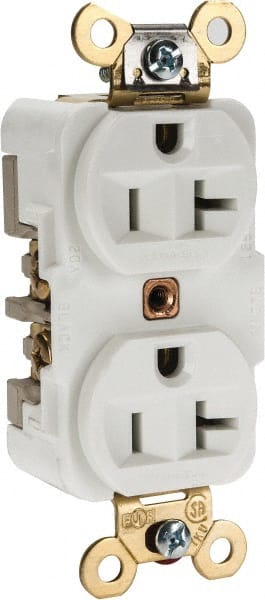 Hubbell Wiring Device-Kellems - 125 VAC, 20 Amp, 5-20R NEMA Configuration, White, Specification Grade, Self Grounding Duplex Receptacle - 1 Phase, 2 Poles, 3 Wire, Flush Mount, Corrosion, Heat and Impact Resistant - Exact Tooling
