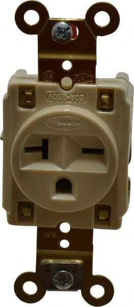 Hubbell Wiring Device-Kellems - 250 VAC, 20 Amp, 6-20R NEMA Configuration, Ivory, Specification Grade, Self Grounding Single Receptacle - 1 Phase, 2 Poles, 3 Wire, Flush Mount - Exact Tooling