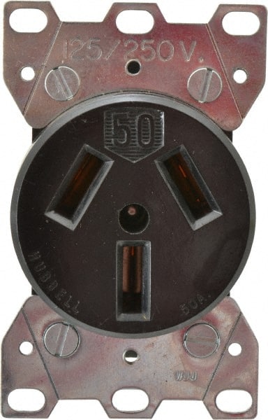 Hubbell Wiring Device-Kellems - 125/250 VAC, 50 Amp, 10-50R NEMA Configuration, Black, Specification Grade, Ungrounded Single Receptacle - 1 Phase, 3 Poles, 3 Wire, Flush Mount - Exact Tooling