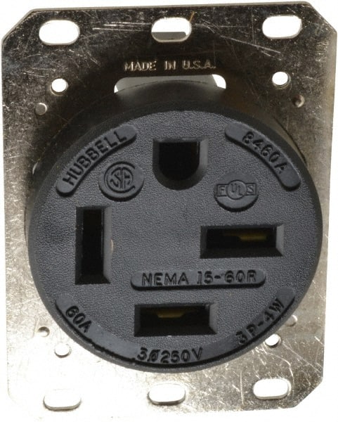 Hubbell Wiring Device-Kellems - 250 VAC, 60 Amp, 15-60R NEMA Configuration, Black, Industrial Grade, Self Grounding Single Receptacle - 1 Phase, 3 Poles, 4 Wire, Flush Mount - Exact Tooling