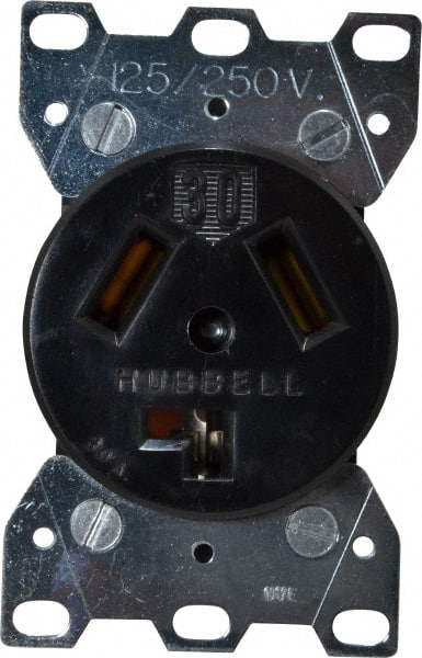 Hubbell Wiring Device-Kellems - 125/250 VAC, 30 Amp, 10-30R NEMA Configuration, Black/White, Industrial Grade, Self Grounding Single Receptacle - 1 Phase, 3 Poles, 3 Wire, Flush Mount - Exact Tooling