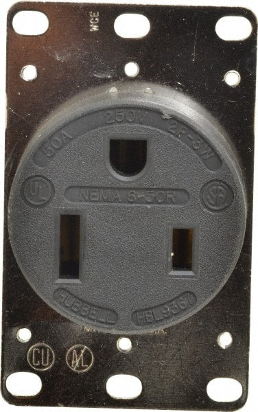 Hubbell Wiring Device-Kellems - 250 VAC, 50 Amp, 6-50R NEMA Configuration, Black, Industrial Grade, Self Grounding Single Receptacle - 1 Phase, 2 Poles, 3 Wire, Flush Mount - Exact Tooling