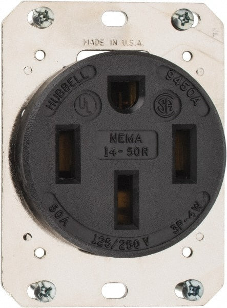 Hubbell Wiring Device-Kellems - 125/250 VAC, 50 Amp, 14-50R NEMA Configuration, Black, Industrial Grade, Self Grounding Single Receptacle - 1 Phase, 3 Poles, 4 Wire, Flush Mount - Exact Tooling