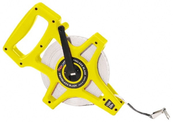 US Tape - 100' x 1/2" White Blade Tape Measure - 1/8", 1mm, & 1 cm Graduation, Inch/Metric Graduation Style, Yellow/Silver Case - Exact Tooling