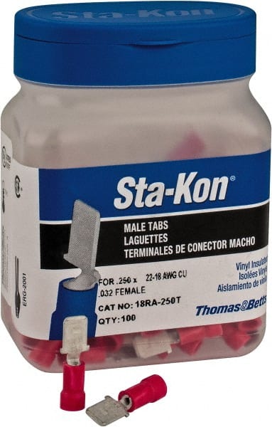 Thomas & Betts - 22 to 18 AWG, Vinyl, Fully Insulated, Male Wire Disconnect - 1/4 Inch Wide Tab, Red, CSA Certified, RoHS Compliant, UL 94 V-0, UL File E66716, UL Listed - Exact Tooling