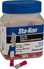 Thomas & Betts - 22 to 18 AWG, Vinyl, Fully Insulated, Male Wire Disconnect - 1/4 Inch Wide Tab, Red, CSA Certified, RoHS Compliant, UL 94 V-0, UL File E66716, UL Listed - Exact Tooling
