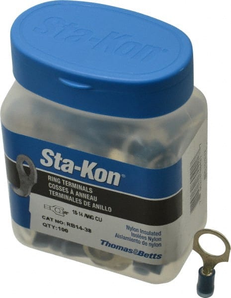 Thomas & Betts - 18-14 AWG Partially Insulated Crimp Connection D Shaped Ring Terminal - 3/8" Stud, 1.17" OAL x 0.53" Wide, Tin Plated Copper Contact - Exact Tooling