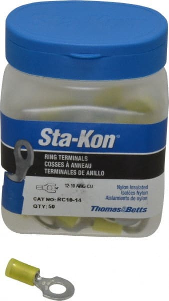Thomas & Betts - 12-10 AWG Partially Insulated Crimp Connection D Shaped Ring Terminal - 1/4" Stud, 1.12" OAL x 0.53" Wide, Tin Plated Copper Contact - Exact Tooling