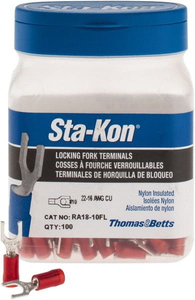 Thomas & Betts - #10 Stud, 22 to 16 AWG Compatible, Partially Insulated, Crimp Connection, Locking Fork Terminal - Exact Tooling