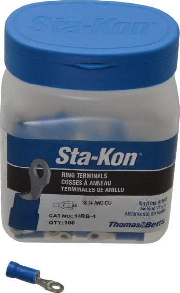Thomas & Betts - 18-14 AWG Partially Insulated Crimp Connection D Shaped Ring Terminal - #4 Stud, 0.94" OAL x 1/4" Wide, Tin Plated Copper Contact - Exact Tooling