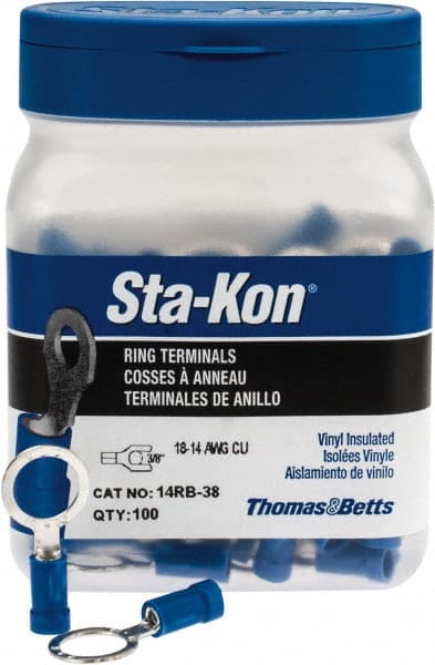 Thomas & Betts - 18-14 AWG Partially Insulated Crimp Connection D Shaped Ring Terminal - 3/8" Stud, 1.16" OAL x 0.54" Wide, Tin Plated Copper Contact - Exact Tooling