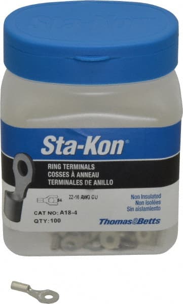 Thomas & Betts - 22-16 AWG Noninsulated Crimp Connection D Shaped Ring Terminal - #4 Stud, 3/4" OAL x 0.31" Wide, Tin Plated Copper Contact - Exact Tooling