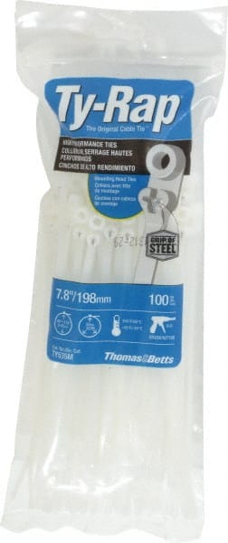 Thomas & Betts - 7.8" Long Natural (Color) Nylon Mountable Cable Tie - 50 Lb Tensile Strength, 1.4mm Thick, 44.45mm Max Bundle Diam - Exact Tooling